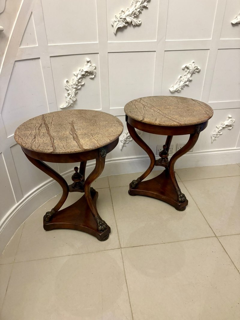 Antique Edwardian Quality Pair of French Marble-Top Gueridon Side / Lamp Tables